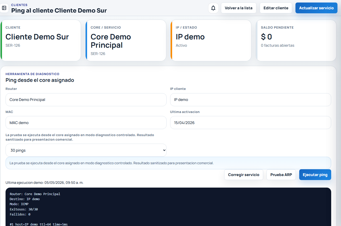 Pantalla real sanitizada de Ping al cliente